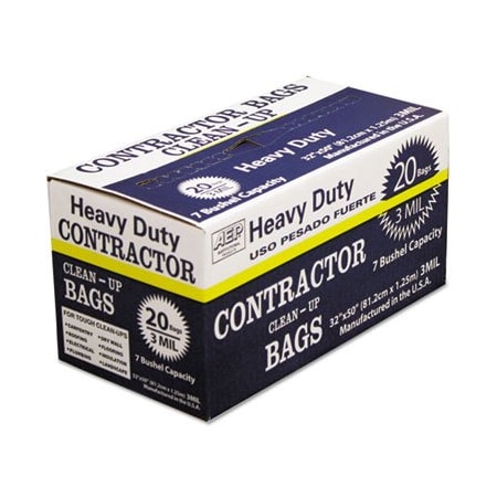 Webster Industries AEP Ind, HEAVY-DUTY CONTRACTOR CLEAN-UP BAGS, 60 GAL, 3 MIL, 32in X 50in, BLACK, 20PK 186470